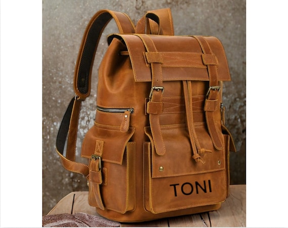 Mens Genuine Leather Backpack, 17" Laptop Large Travel Bag brown-Laser / Russian Federation