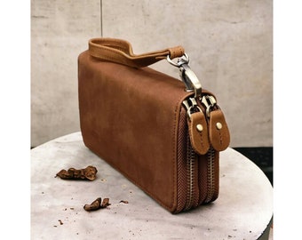Portafoglio in pelle con pochette da donna e da uomo, in pelle vintage, con cerniera, lungo, per telefono da 6", tasca per carte