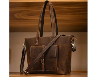 Leather Tote Bag For Women Large With Zipper Pocket Handmade Brown Tote With Shoulder Strap Shoulder Bag Crossbody Messenger Handbag Handles