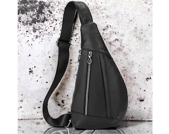 Genuine Leather Sling Bag, Men's Leather Sling Purse, Triangle Crossbody Bags Chest Bag Casual Crossbody Shoulder Chest Daypack,Wedding Gift