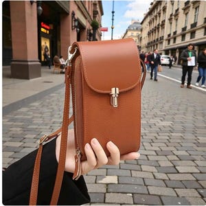 May include: A tan leather crossbody phone bag with a flap closure and gold-tone hardware. The bag has a textured surface and a long, adjustable strap. The bag is held by a person on a city street.