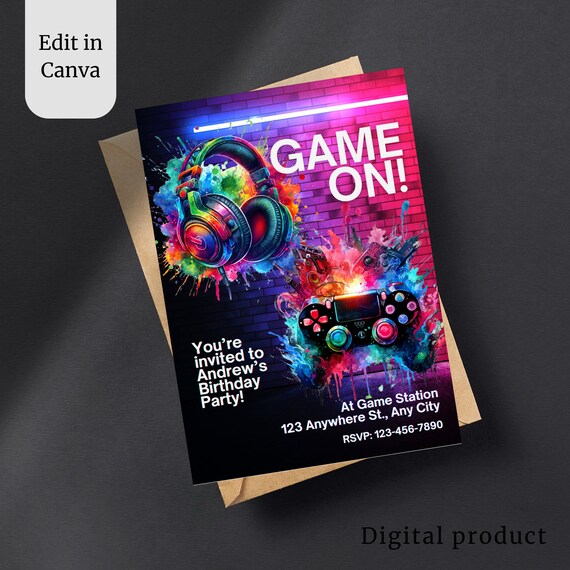 Video Game Party Invitation, Gaming Invite, Editable Level Up Birthday Invite, Blue Pink Neon Glow Invite, Gamer Boy Template, Arcade Party