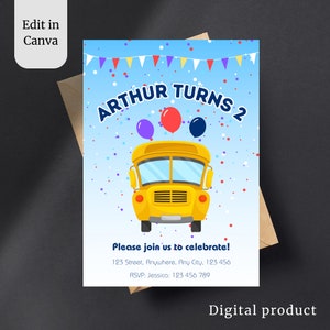 Yellow bus Birthday Invitation, Bus Invite, Editable Birthday Invite, Yellow Bus Balloons Invite, Toddler Birthday, Second Birthday Invite