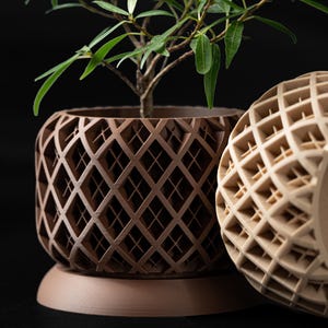 May include: Two brown geometric planters, one with a plant and the other empty. The planters have a diamond pattern and are made of a textured material.