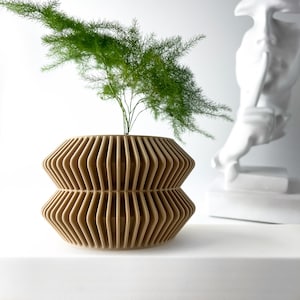 May include: A light brown, geometric, ceramic planter with a plant inside. The planter has a unique, ribbed design.