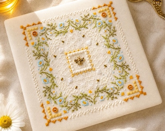 サンプラークロスステッチキット、刺繍サンプラー、装飾ステッチキット、ミツバチ刺繍、花柄ニードルワークギフト