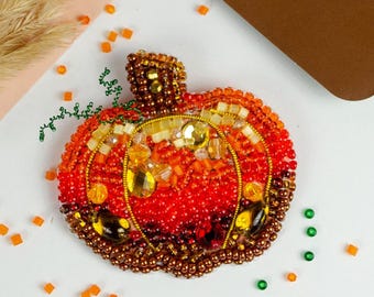 Kit de broche de calabaza con cuentas, alfiler de bordado de cuentas DIY para principiantes, kit de joyería con cuentas, patrón de abalorios hecho a mano, regalo para ella
