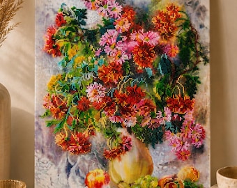 Bead Embroidery Kit Floral Bouquet, Chrysanthemum Beadwork, DIY Needlework Kit, Flower Craft Gift