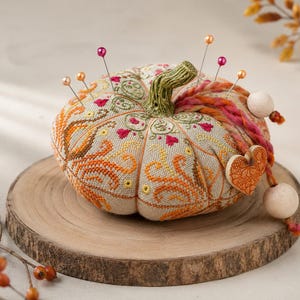 Sampler Cross Stitch Kit Pumpkin Pincushion, Autumn Needlework, Halloween Craft, Gift for Stitcher