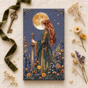 May include: A rectangular canvas art piece featuring a beaded illustration of a person with long red hair standing in a field of flowers under a large moon. The person wears ornate armor and holds a tall sword. The background is dark blue.