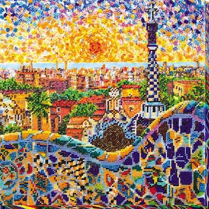 Bead Embroidery Kit Park Guell Beaded Embroidery Hoop Art, DIY Needlepoint Craft Kit, Beadwork Embroidery Set, Easy Embroidery Kit