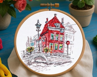Funny Cross Stitch Kit for Adults, Counted Vintage Pattern for Beginners, DIY Embroidery Stitchery Kit "Colored Town-3", Easy Craft Gift