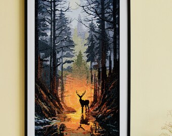 Hirsch Kreuzstichpackung, einfache gezählte Kreuzstichkunst, moderne lustige Stickerei für Anfänger, Waldnatur, Bastelpackung, Weihnachtsgeschenk