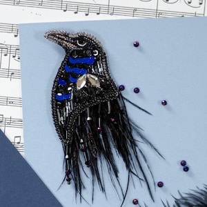 Beaded Raven Brooch Embroidery Kit, Complete DIY Craft Set for Adults, Bird Brooch Pattern, Perfect Gift for Her or Halloween Fans