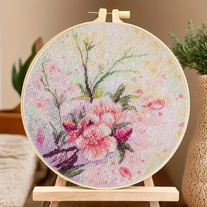 Spring Flower Cross Stitch Kit, Counted Modern Embroidery for Adults, DIY Craft Gift with Pink Floral Pattern, Easy Handmade Needlework Kit