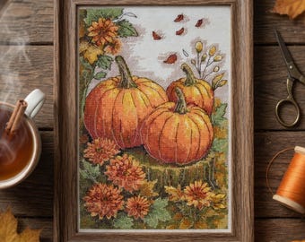 Pumpkin Cross Stitch Kit, Autumn Embroidery, DIY Craft Fall Harvest Floral Wall Art Decor