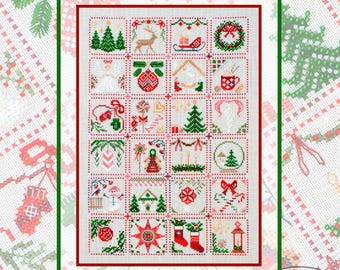 以下が含まれることがあります： 24個のクリスマスをテーマにした正方形のグリッドで構成されたクロスステッチのサンプラー。デザインには、松の木、トナカイ、そり、リース、天使、オーナメント、マグカップ、ミトン、キャンドル、靴下などのアイコンが含まれています。