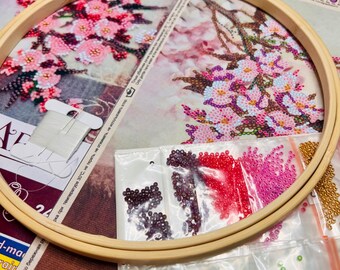 桜ビーズ刺繍アートキット、日本の花柄スクエアキャンバス - Etsy 日本
