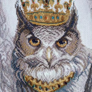 Modern owl cross stitch embroidery kit with Madeira threads and beaded embellishments, DIY craft kit for adults.