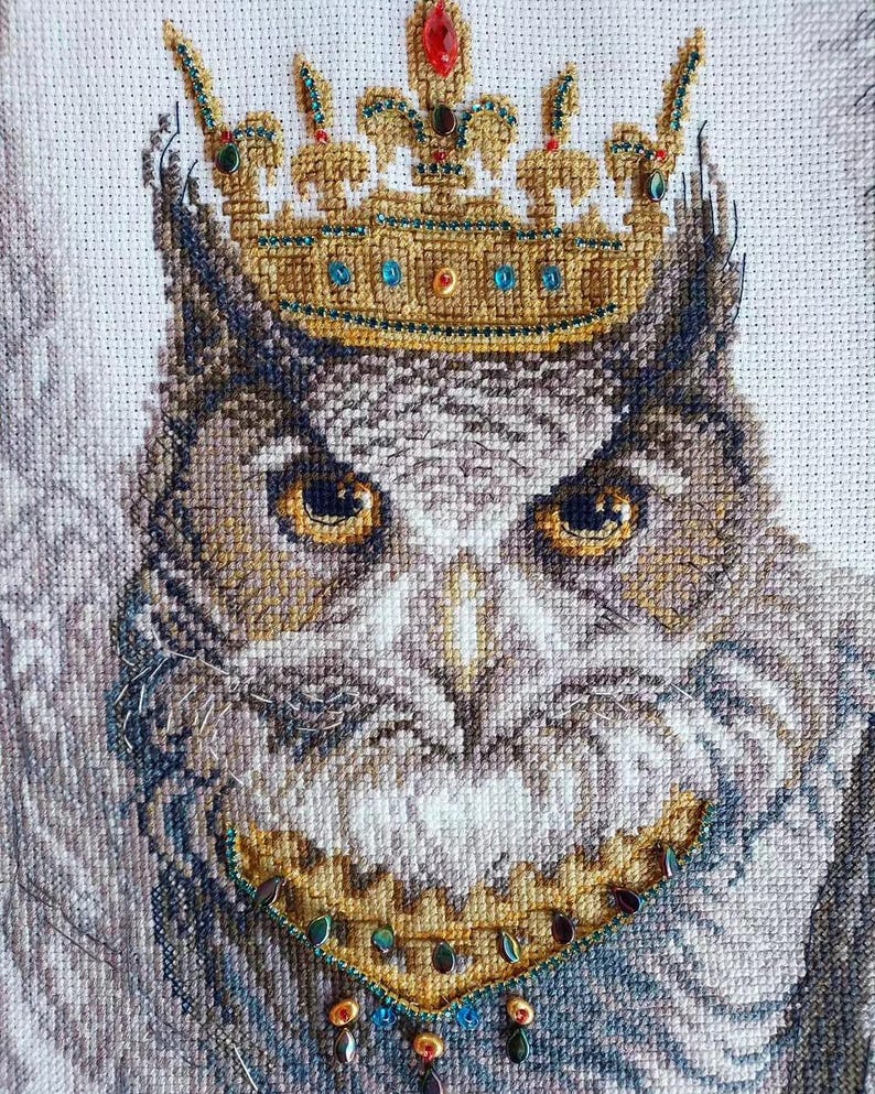 Modern owl cross stitch embroidery kit with Madeira threads and beaded embellishments, DIY craft kit for adults.
