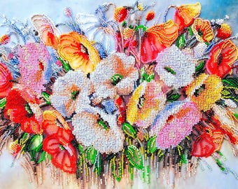 Floral Bouquet Bead Art Kit, Large Horizontal Canvas Needlework, Romantic Decorative Craft Set