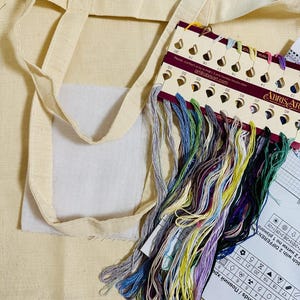May include: A beige canvas tote bag with long handles, a white square pocket, and a colorful embroidery floss kit. The floss includes shades of blue, green, purple, and yellow. A chart with numbers and symbols is also visible.