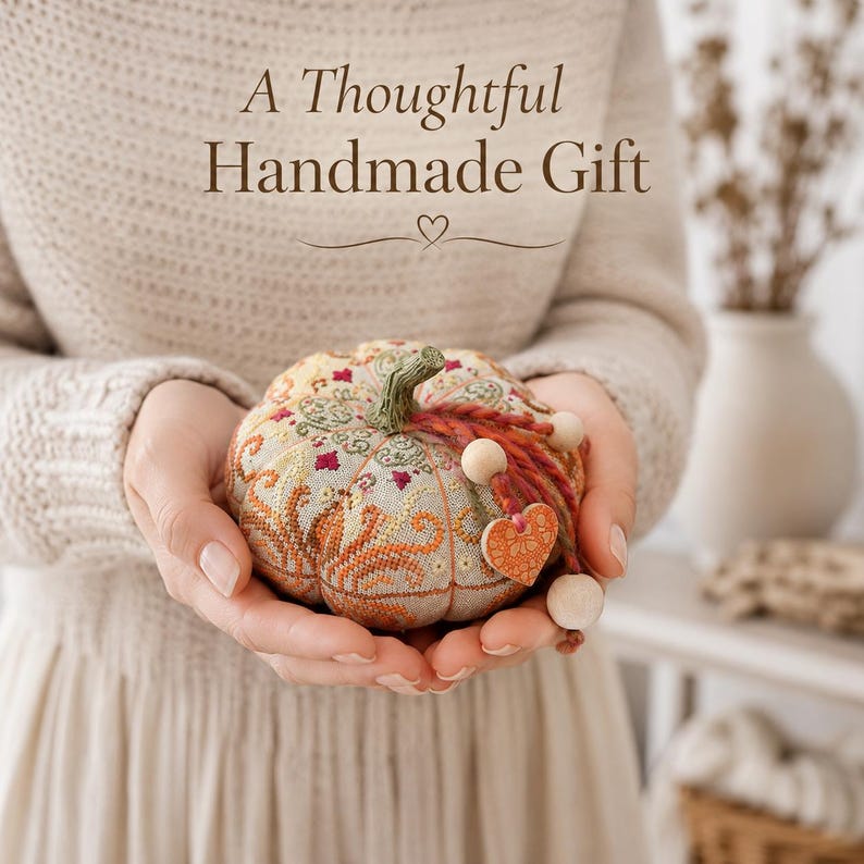 Finished pumpkin pincushion held gently in both hands as a thoughtful handmade gift. The decorative sampler features ceramic accents, wooden beads, decorative thread, and intricate embroidery. Ideal as a gift for stitchers, embroidery lovers, and fans of autumn handmade décor.