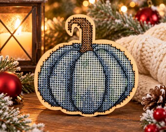 Blue Pumpkin Cross Stitch Kit on Wood, Rustic Christmas Decor, DIY Wooden Embroidery, Farmhouse Winter Craft Gift