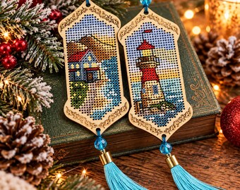 Lighthouse Cross Stitch Kit on Wood, Nautical Christmas Ornament Set, Coastal Holiday Decor, DIY Seaside Embroidery Craft