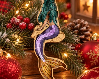 Mermaid Christmas Ornament Cross Stitch Kit on Wood, DIY Fantasy Holiday Decor, Wooden Embroidery Tree Decoration, Sequin Craft