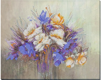Pärlbroderikit blommor, naturbroderi, enkelt gör-det-själv-pysselkit, pärltillbehör, pärlornamentkit, handgjord present, kanvasbroderi