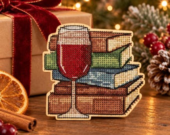 Cozy Christmas Cross Stitch Kit on Wood, Wine and Books Holiday Decor, DIY Wooden Embroidery, Winter Reading Craft Gift