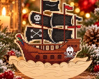 Pirate Ship Christmas Cross Stitch Kit on Wood, DIY Nautical Holiday Decor, Wooden Rocking Boat Embroidery, Festive Craft Gift
