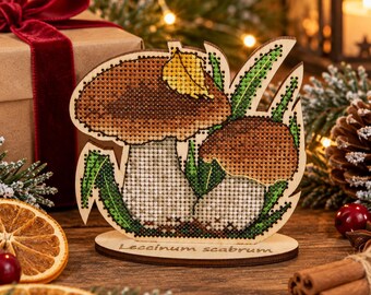 Woodland Mushroom Cross Stitch Kit on Wood, Rustic Christmas Decor, DIY Forest Embroidery, Cottagecore Holiday Craft Gift