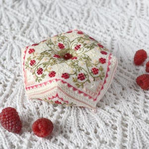 Biscornu Cross Stitch Kit Raspberry Floral Sampler, Decorative Stitches, DIY Sewing Gift