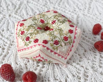Biscornu Cross Stitch Kit Raspberry Floral Sampler, Decorative Stitches, DIY Sewing Gift
