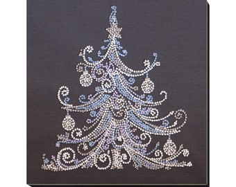 May include: A decorative Christmas tree design on a dark background. The tree is crafted from small, sparkling beads in shades of white, silver, and light blue. Ornaments and a star adorn the tree, creating a festive holiday image.