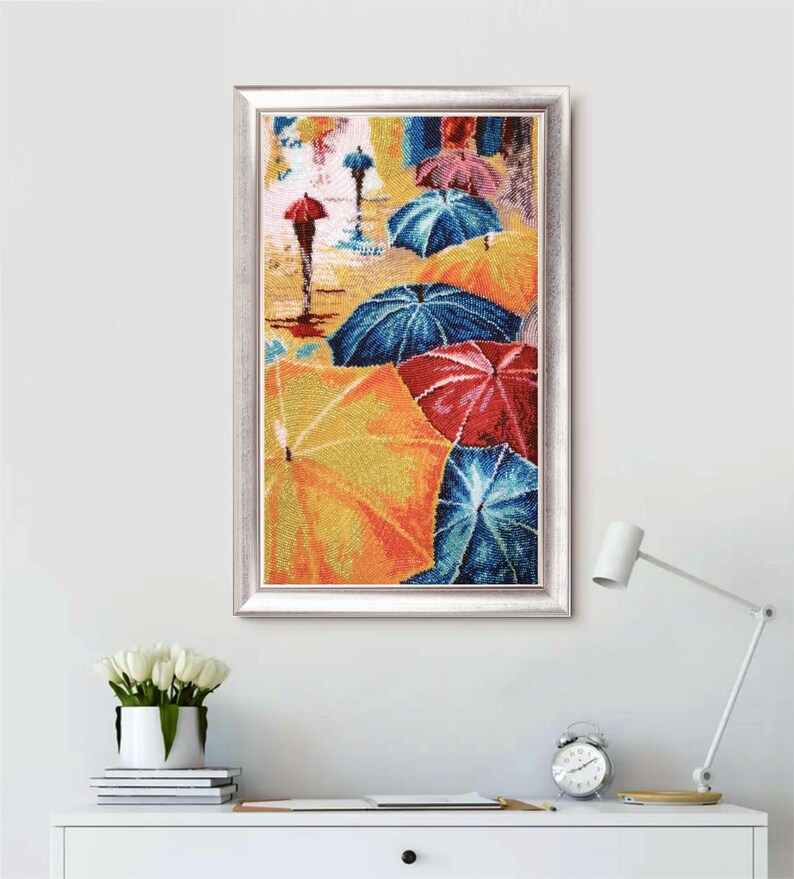 Bead Embroidery Kit, Umbrella Wall Art, Beadwork Kit on Satin, DIY Beaded Picture, Craft Kit for Adults, Christmas gift, 3D Embroidery image 2