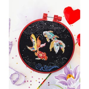 Cross Stitch Kit &quot;In Gentle Waves&quot;: Colorful Fish Embroidery, Detailed Needlepoint, Handmade Gift for Her or Elegant Home Decor, Abris Art