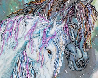 Kit de bordado con cuentas de caballo Devotion, arte mural romántico de animales para hacer tú mismo sobre lienzo.