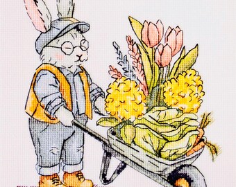 Rabbit Cross Stitch Kit, Spring Garden Embroidery DIY, Cottage Countryside Decor