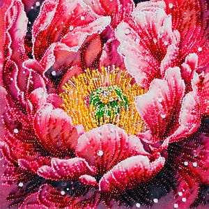 Bead Embroidery Kit, Beaded Peony Painting, Beginner Embroidery Kit, Floral Beadwork Set, Needlepoint Kit, Handmade Wall Art