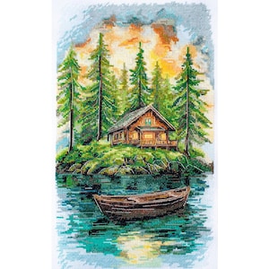 Forest Cross Stitch Kit, Cozy Cabin and Lake Landscape, Nature Embroidery Pattern, DIY Craft Kit for Adults, Handmade Gift Idea
