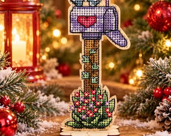 Floral Christmas Mailbox Cross Stitch Kit on Wood, Cottage Holiday Decor, DIY Wooden Embroidery, Whimsical Festive Craft Gift