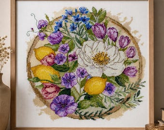 Kit de punto de cruz de flores, kit de bordado de limones, bordado botánico