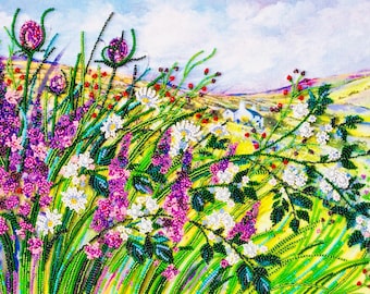 Floral Bead Embroidery Kit, Wildflowers Design, DIY Needlework Kit, Beadwork Set, Hand Embroidery Art