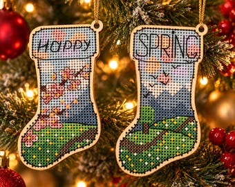 Christmas Stocking Cross Stitch Kit on Wood, DIY Holiday Ornament Set, Wooden Embroidery Stockings, Festive Tree Decor Craft