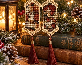 Christmas Mushroom Cross Stitch Kit on Wood, Woodland Hanging Ornaments, DIY Holiday Embroidery Decor, Rustic Xmas Craft Gift