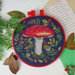 Mushroom Cross Stitch Kit, Beginner Floral Embroidery, Abris Art