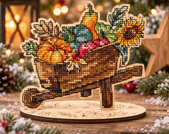 Christmas Harvest Cross Stitch Kit on Wood, Pumpkin Wheelbarrow Holiday Decor, DIY Wooden Embroidery, Rustic Farmhouse Xmas Craft